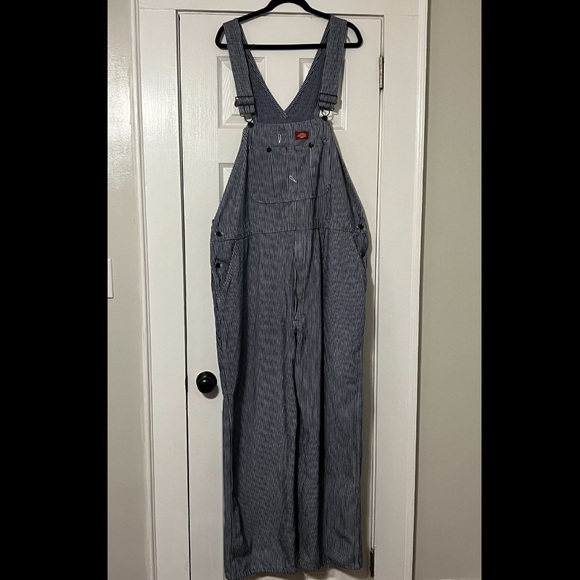 VINTAGE Dickies Blue White Hickory Striped 100% Cotton Bib Overalls - Picture 3 of 11